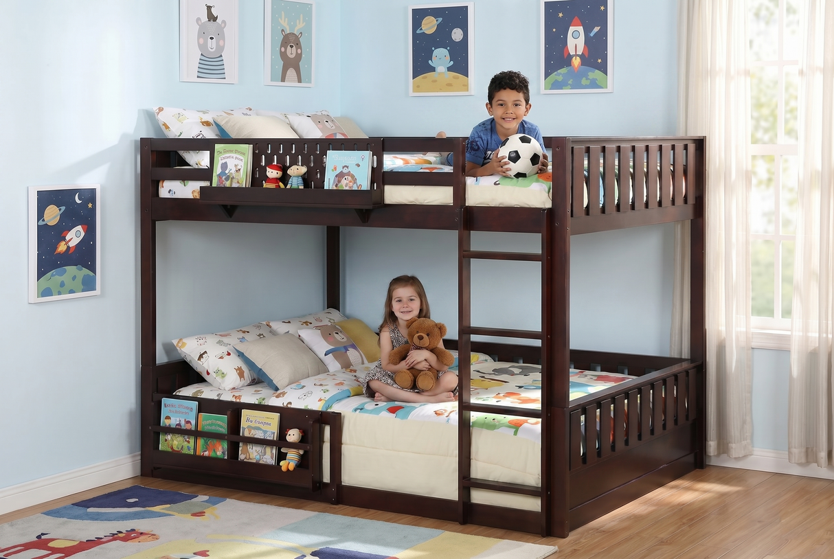 Espresso Full-Over-Full Bunk Bed with Built-In Bookshelf, Guardrail, and Ladder