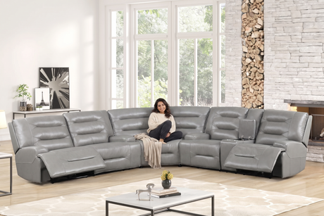 Modern Gray Top Grain Leather Power Reclining Sectional with Console & Cup Holders - view 5