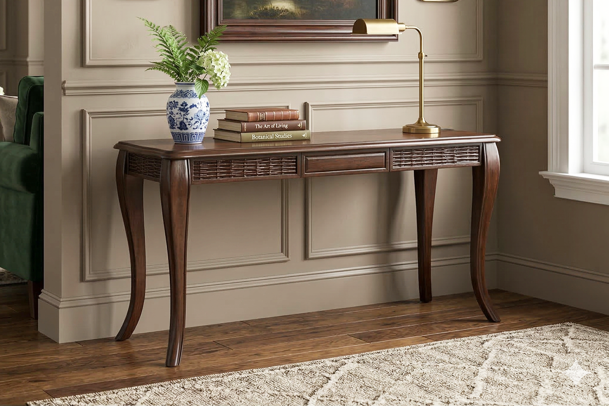 Traditional Dark Wood Sofa Table with Curved Legs