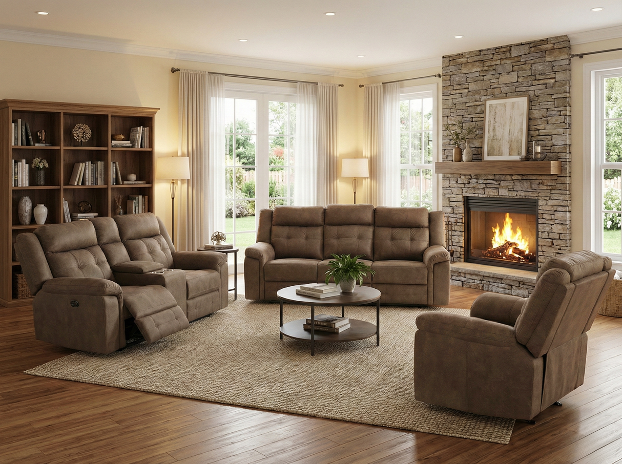 Keily Brown Power Reclining Sofa, Stationary Loveseat & Power Recliner Set with Console