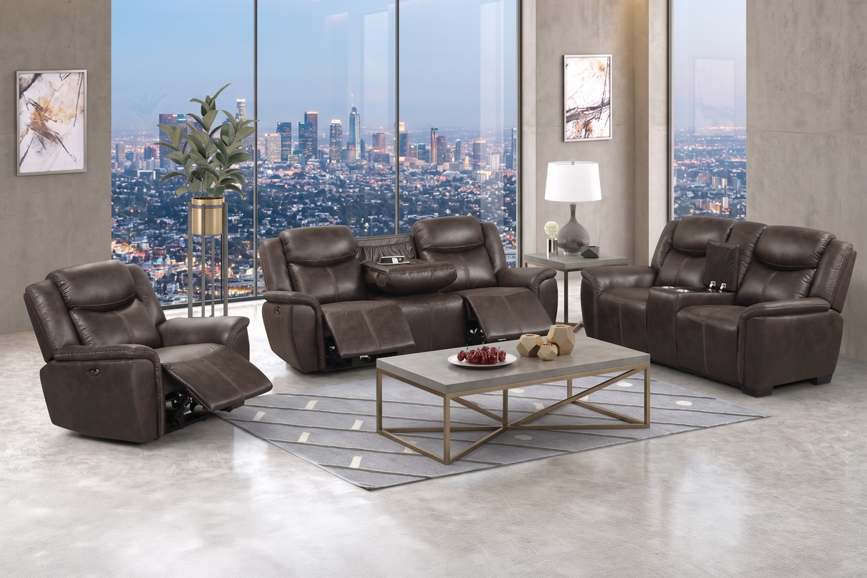 Contemporary Dark Brown 3-Piece Power Reclining Living Room Set with Console & USB