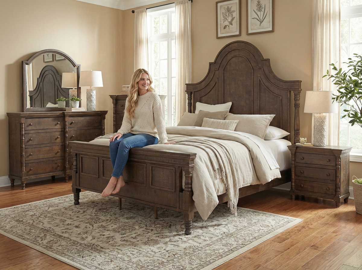 Honeywood Rustic 6-Piece Bedroom Set with Arched Headboard, Dresser, Mirror & Nightstand