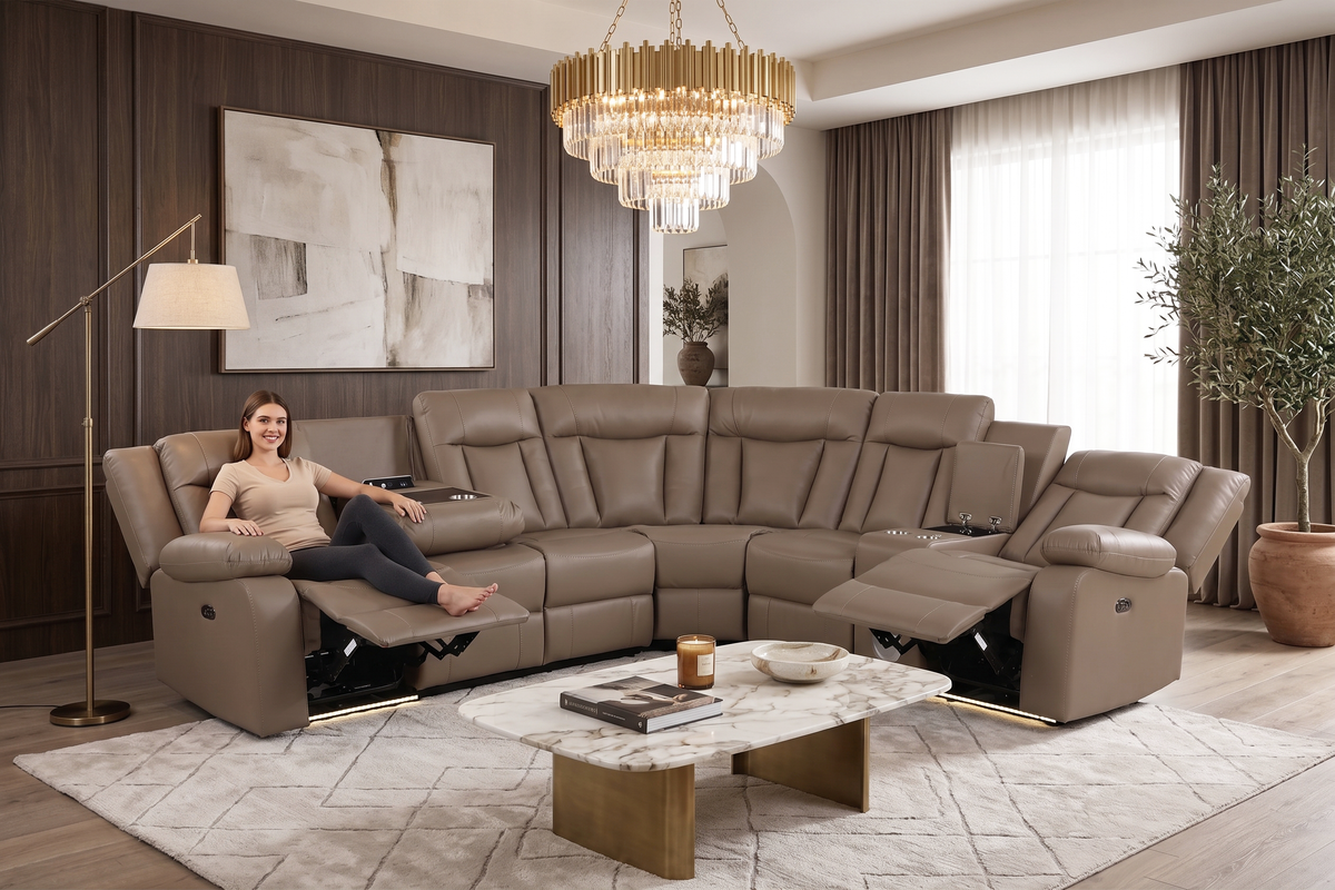 Light Brown 3-Piece Power Reclining Sectional with LED Lighting, Console & Speaker