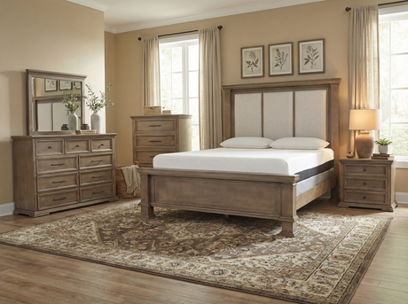 6-Piece Taupe Upholstered Bedroom Set with Dresser, Mirror & Nightstand - view 11