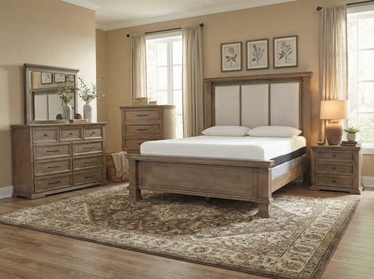 6-Piece Taupe Upholstered Bedroom Set with Dresser, Mirror & Nightstand