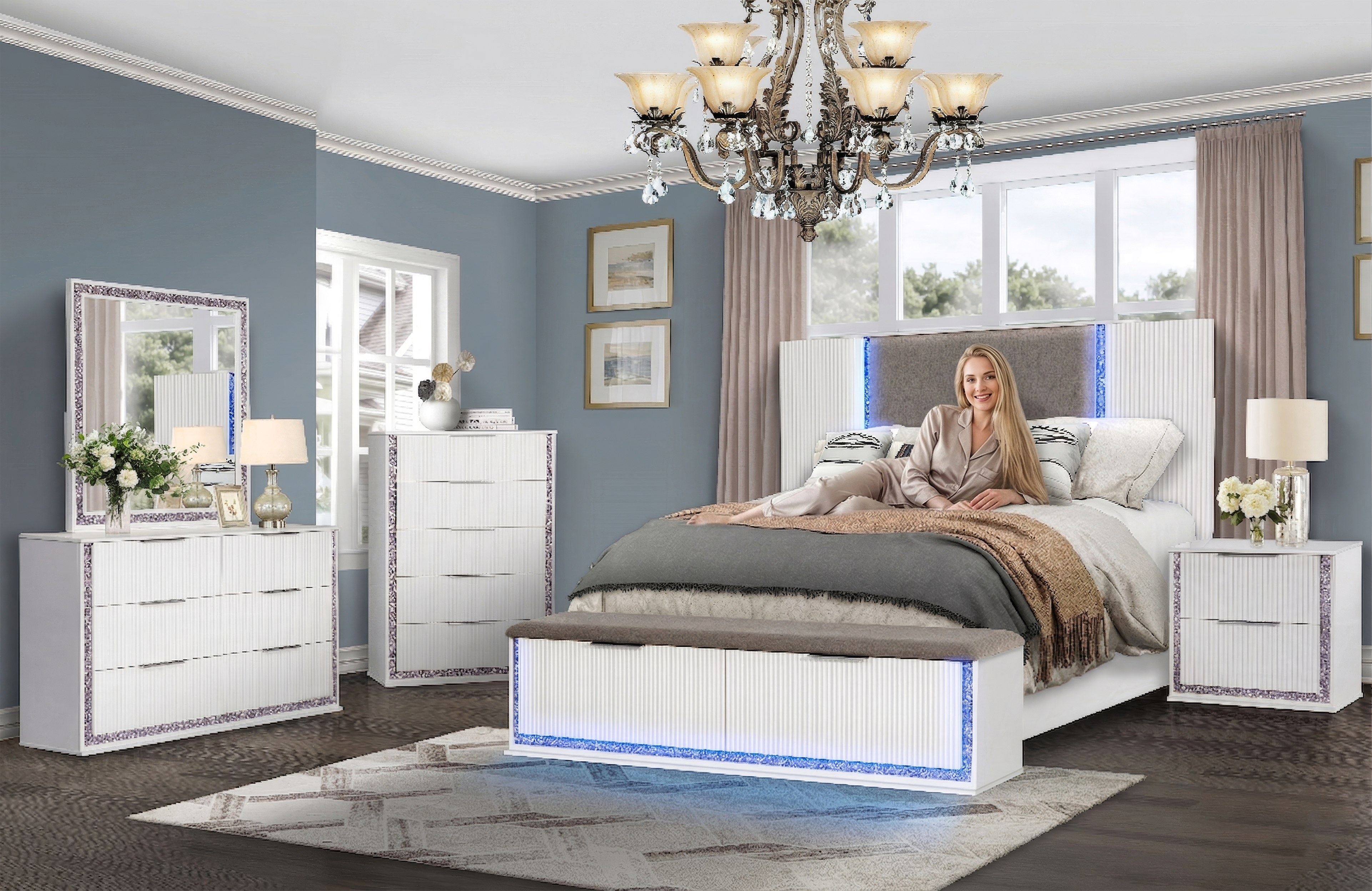 Aurora White LED 6-Piece Bedroom Set with Storage