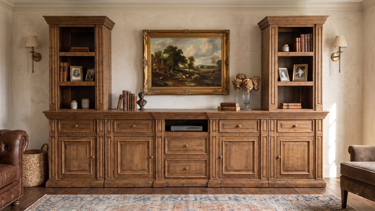 Rustic Brown 3-Piece Entertainment Wall Unit with Bookcase Piers & Storage Console