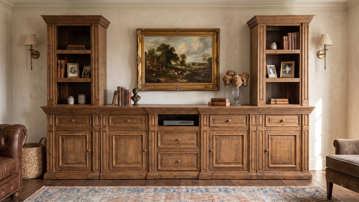 Rustic Brown 3-Piece Entertainment Wall Unit with Bookcase Piers & Storage Console
