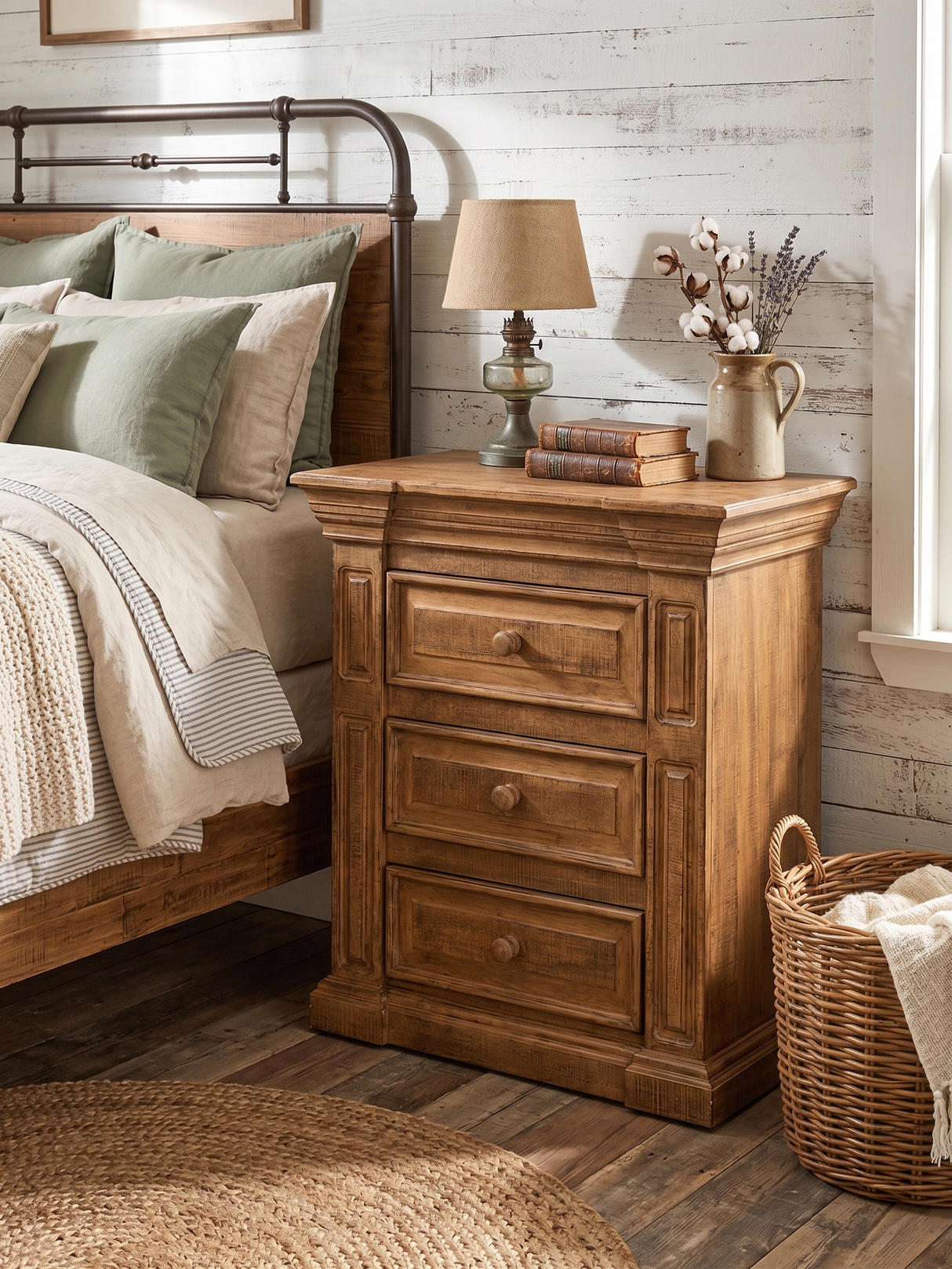Traditional Rustic Solid Wood Nightstand with Carved Panel Design & Distressed Finish