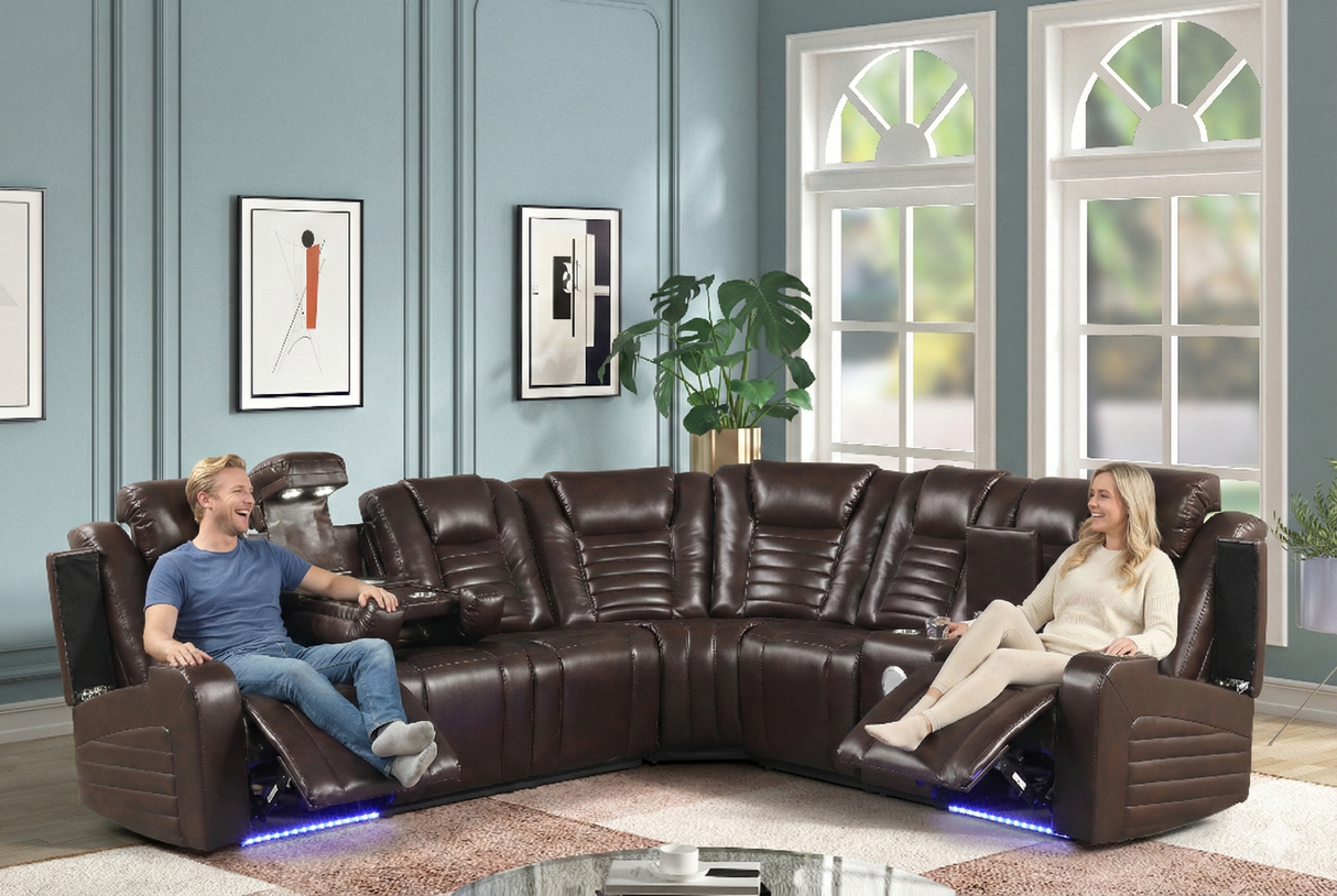 Contemporary Brown Power Reclining Sectional with Power Headrests, LED Light, Bluetooth, Wireless/USB Charging & Storage