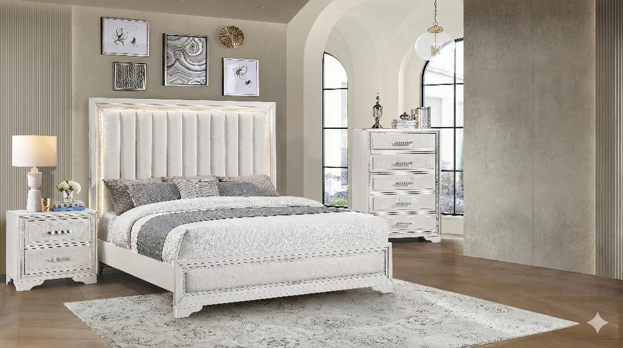 White Contemporary Glam 6-Piece Bedroom Set w/ LED Upholstered Channel Headboard