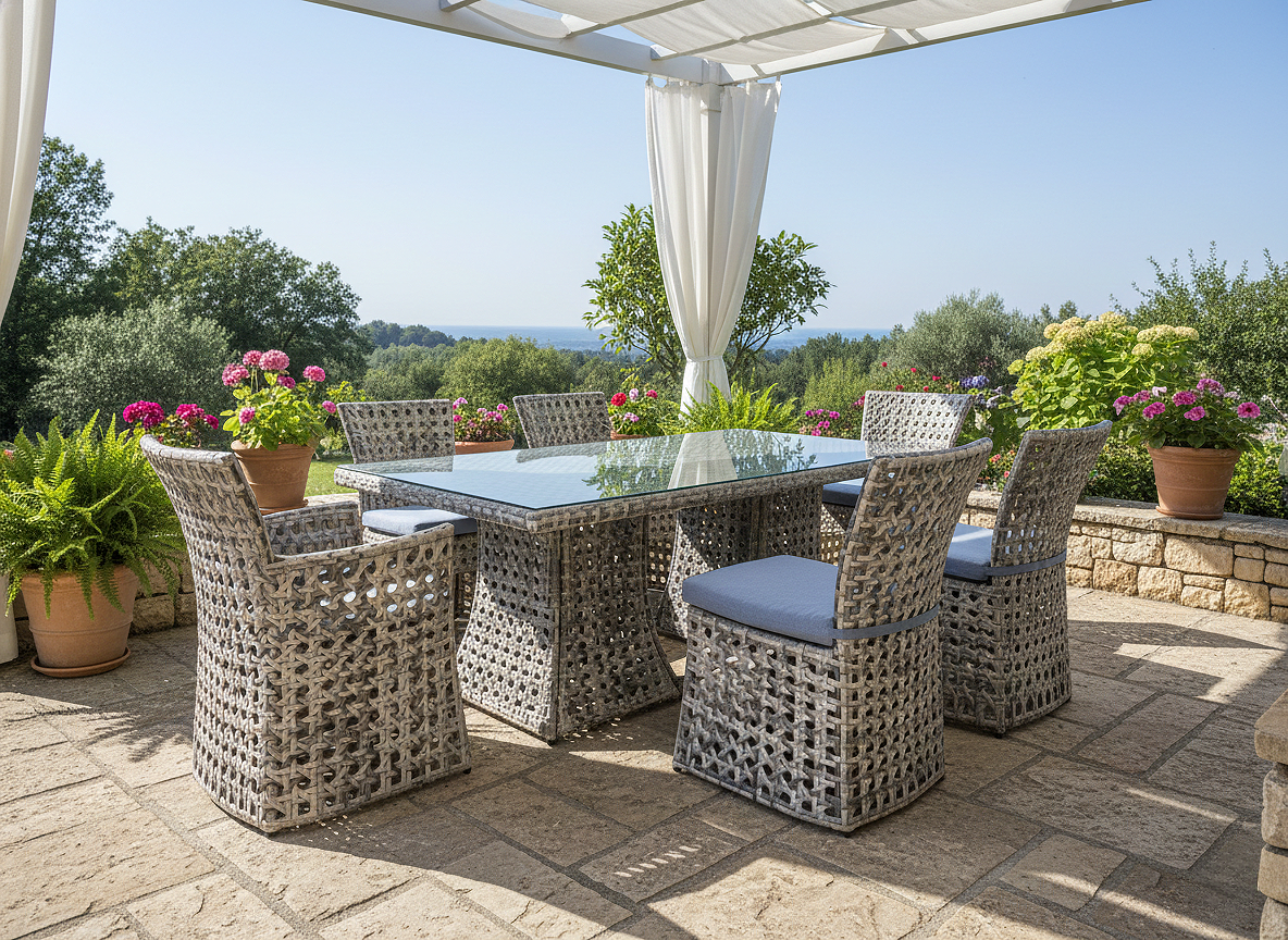 7-Piece Wicker Patio Dining Set - Tempered Glass Table & 6 Chairs