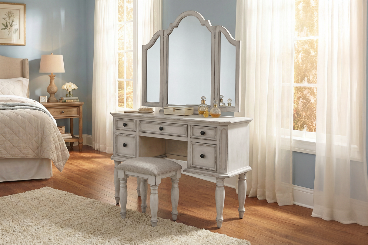 Magnolia 3-Piece Farmhouse Vanity Set with Tri-Fold Mirror & Cushioned Stool – Savanna White