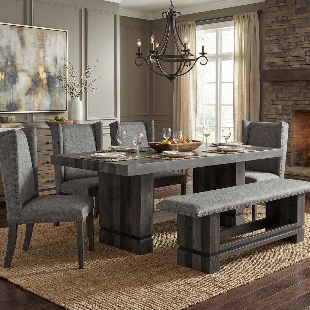 6-Piece Multi-Gray Dining Set | Table, Bench & 4 Chairs | Bel Furn