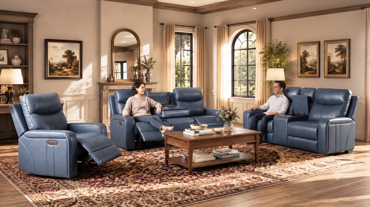 Blue Top-Grain Leather 3-Piece Power Reclining Living Room Set with Power Headrest