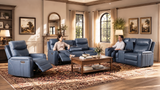 Blue Top-Grain Leather 3-Piece Power Reclining Living Room Set with Power Headrest