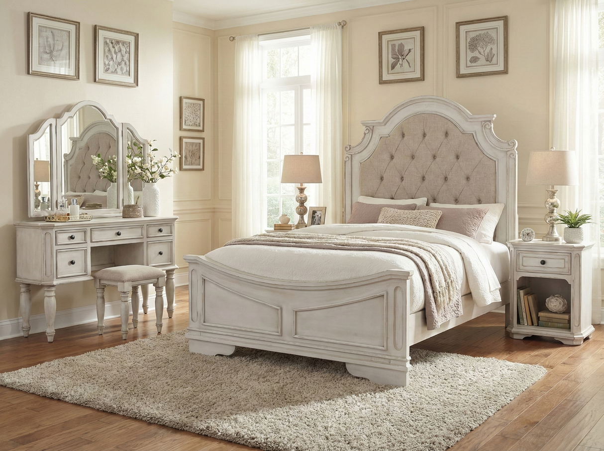 Magnolia 7-Piece Bedroom Set with Tufted Upholstered Bed, Vanity Desk, Tri-Fold Mirror, Stool & Nightstand – Savanna White Finish