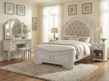 Magnolia 7-Piece Bedroom Set with Tufted Upholstered Bed, Vanity Desk, Tri-Fold Mirror, Stool & Nightstand – Savanna White Finish