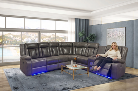 Grey 3-Piece Power Reclining Sectional with Drop-Down Table, Console & Speaker - view 2