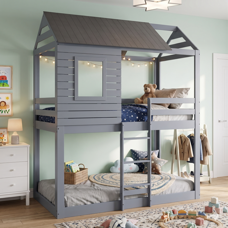 Light Gray Twin House Bunk Bed with Dark Gray Roof