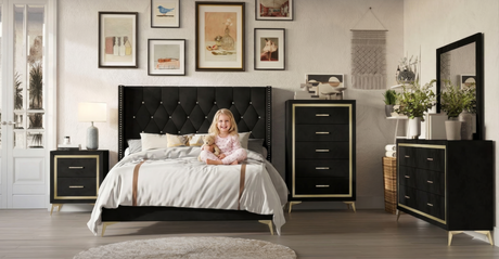 Black & Gold Glam Upholstered Bedroom Set (Bed, Dresser & Mirror, Nightstand) - view 2