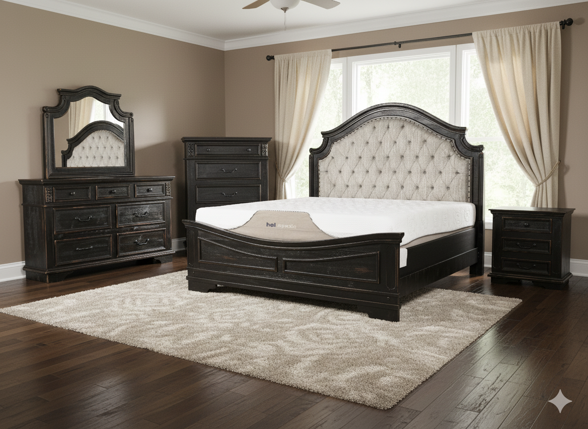 Magnolia 6-Piece Upholstered Bedroom Set in Dark Cherry