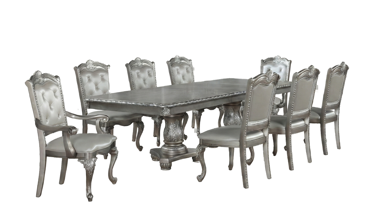 Grey Glam 9-Piece Double Pedestal Dining Set with Tufted Chairs