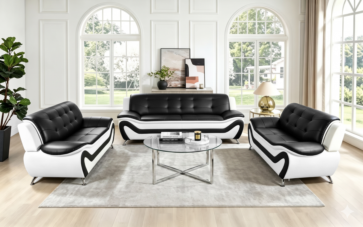 Black & White Modern Curved Living Room Set with Metal Legs