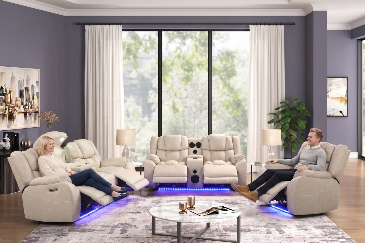 Beige Air Leather 3-Piece Power Reclining Living Room Set w/ LED Lights, USB, Wireless Charging & Bluetooth Speaker