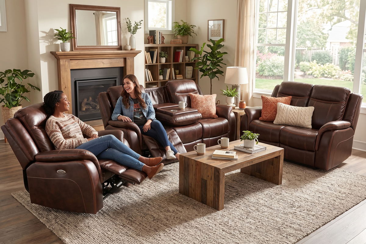 Brown 3-Piece Living Room Set with Power Reclining Sofa, Drop-Down Table & Power Recliner