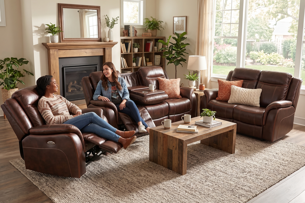 Two women sitting on brown leather recliners in a living room with a coffee table and decor.