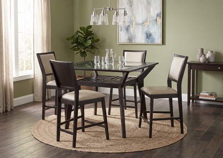 Modern 5-Piece Counter Height Dining Set with Tempered Glass Top Pub Table and 4 Cream PU Upholstered Chairs