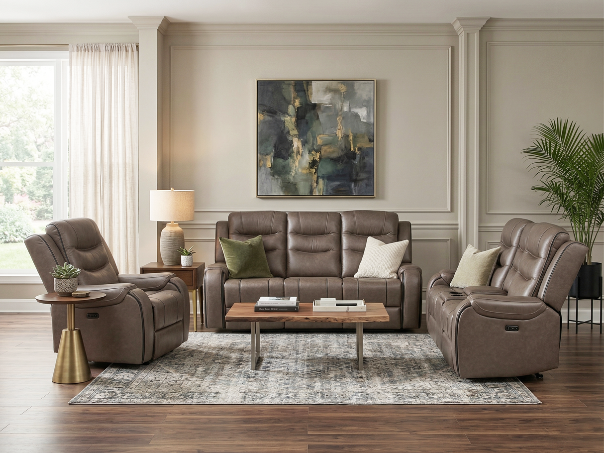 Warm Gray Top Grain Leather Power Reclining 3-Piece Living Room Set with Power Headrests