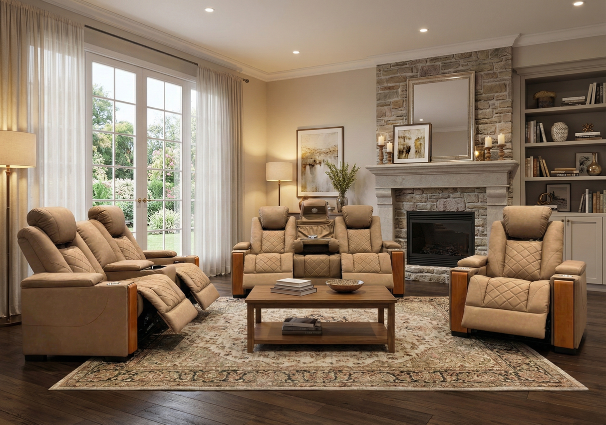 Modern 3-Piece Power Reclining Living Room Set in Camel - Power Headrests, USB & Wireless Charging, Hidden Armrest Storage, Cup Holders, & Reading Light