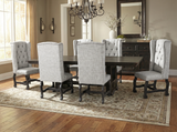 Traditional Dark Wood Dining Table Set with Light Gray Tufted Nailhead Chairs