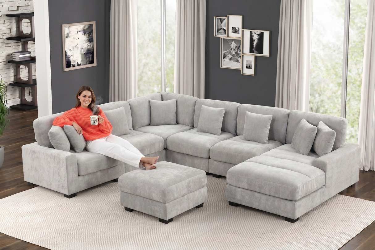 5-Piece Modern Grey Chenille Modular Sectional with Chaise & Ottoman