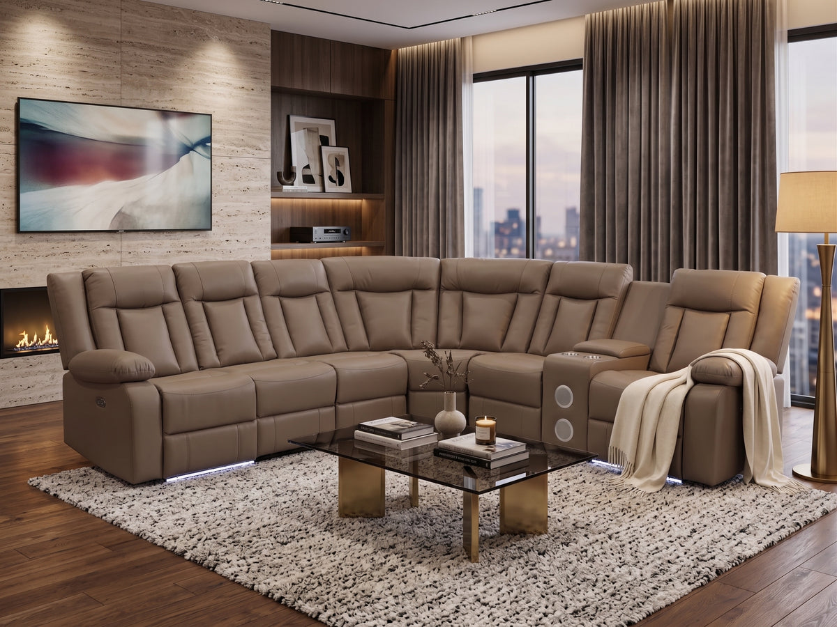 Light Brown 3-Piece Power Reclining Sectional with LED Lighting, Console & Speaker