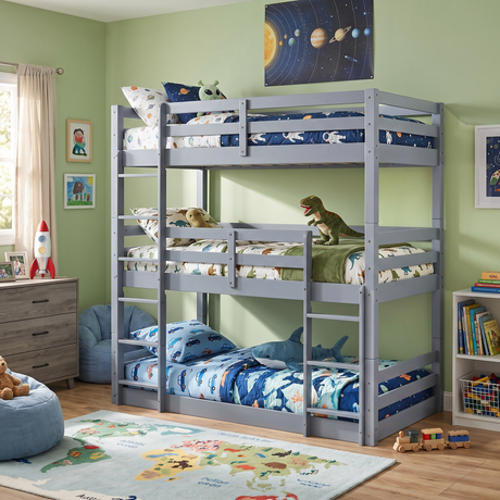 Gray Triple Twin Bunk Bed with Safety Rails & Dual Ladders