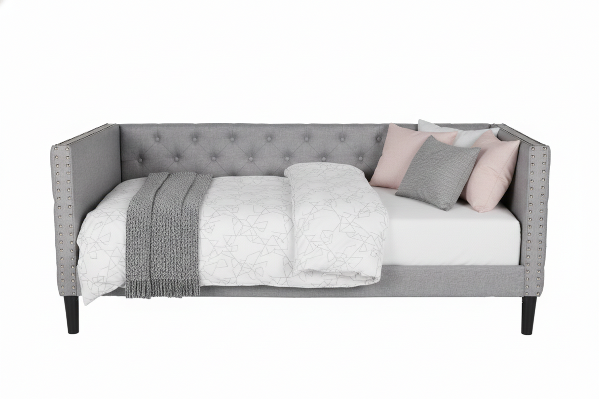 Gray Tufted Upholstered Twin Daybed with Nailhead Trim