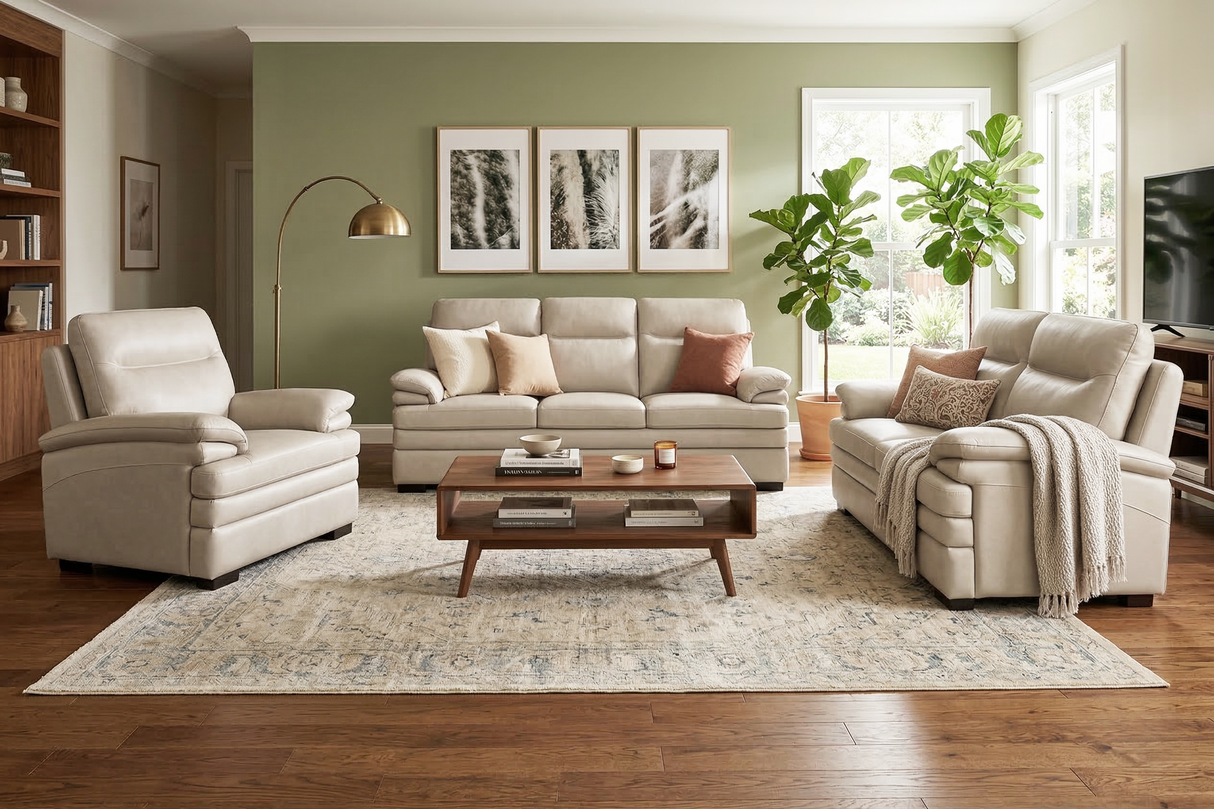 Light Beige Top Grain Leather 3-Piece Living Room Set with Sofa, Loveseat & Chair