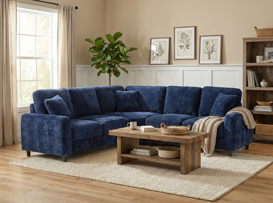 Navy Chenille 3-Piece Sectional Sofa with Pillows