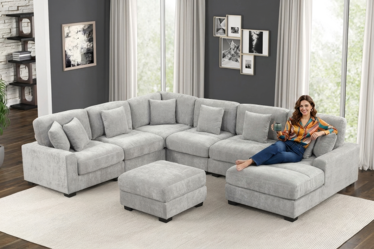 5-Piece Modern Grey Chenille Modular Sectional with Chaise & Ottoman