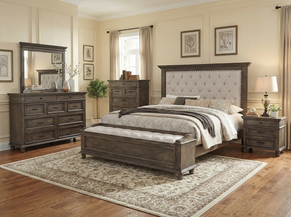Brown Rustic Upholstered 6 Piece King Bedroom Set with Storage Bench
