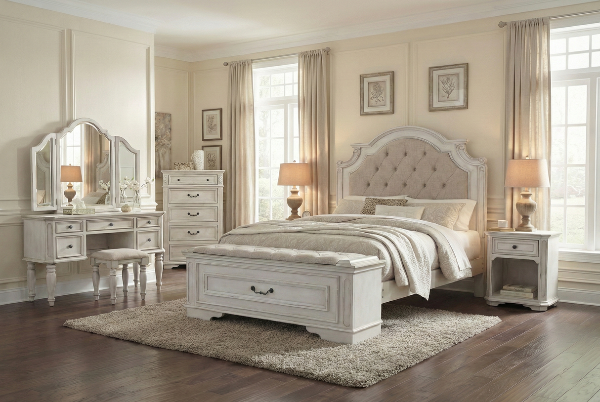 Magnolia 7-Piece Farmhouse Storage Bedroom Set with Storage Bench Footboard Bed, Vanity Desk, Tri-Fold Mirror, Stool & Nightstand – Savanna White.