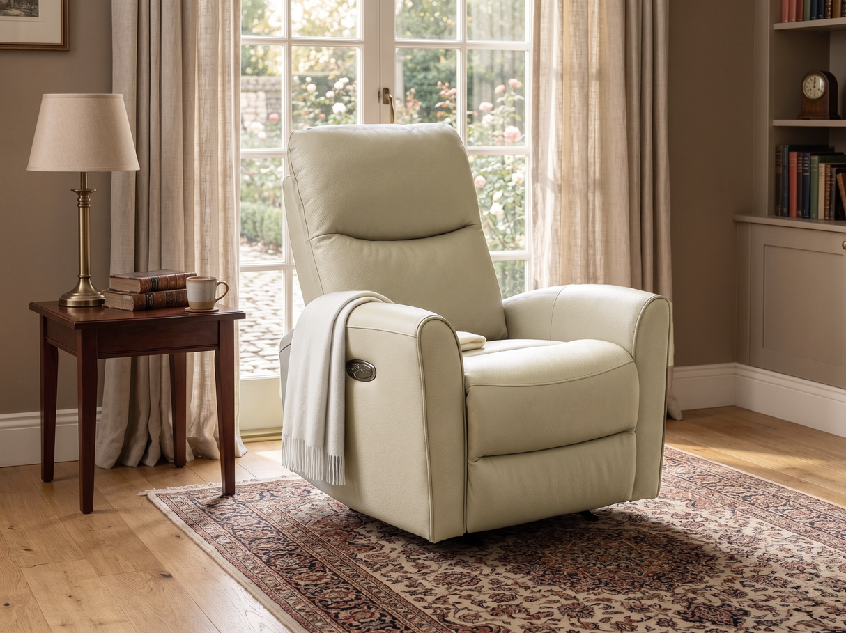 Beige Top Grain Leather Power Recliner with USB Charging