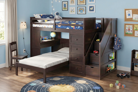 Twin Bunk Bed Set with Storage Stairs, Desk, and Chair – Espresso Finish