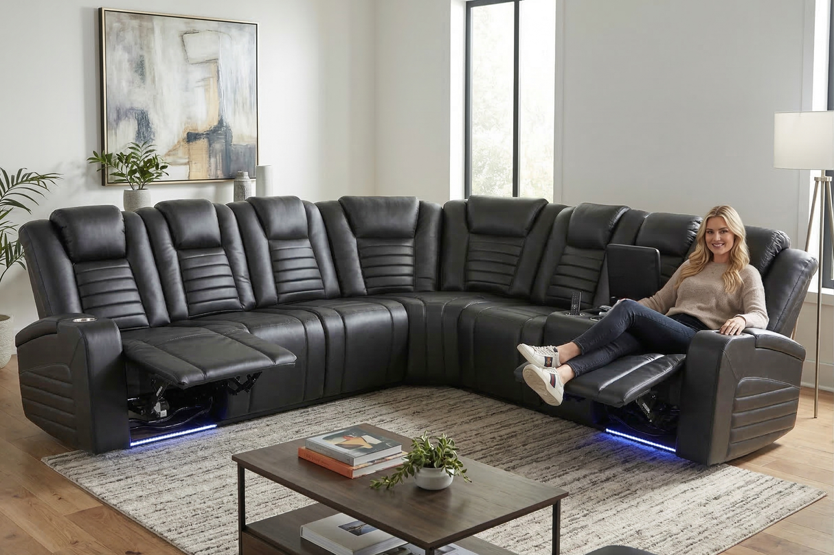 Modern Black Power Reclining Sectional with Power Headrests, Built-In Speakers, LED Lights, Cup Holders & USB Charging