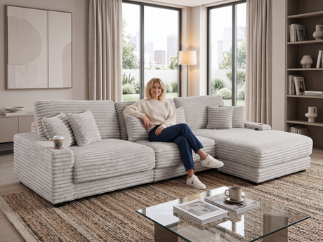 Beige Corduroy Sectional Sofa with Chaise Lounge & Pillows - view 2