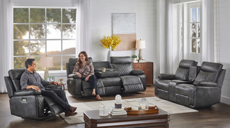 Gray Power Reclining Living Room Set with Quilted Stitching, Console Loveseat, Drop-Down Table & USB Charging - view 2