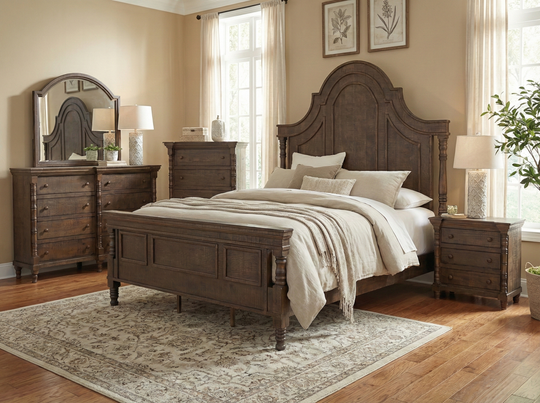 Honeywood Rustic Solid wood 6-Piece Bedroom Set with Arched Headboard, Dresser, Mirror & Nightstand